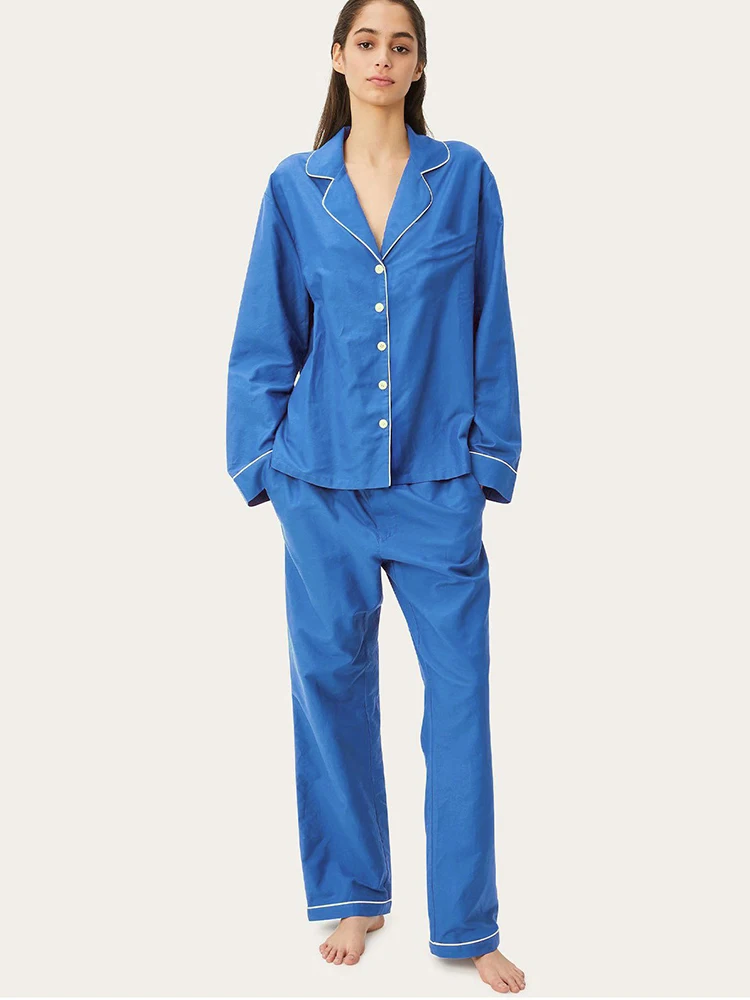 

Повседневная Женская домашняя одежда Linad, комплект из 2 предметов, синяя пижама с длинным рукавом, женские брючные костюмы, Однотонная ночна...