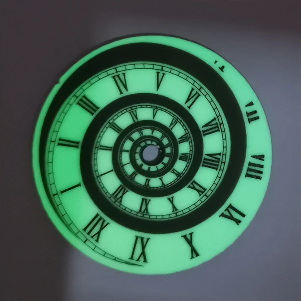 New Unique Spiral Style 28.5MM Watch Dial Roman Scale Dial Watch Face Green Luminous Dial for NH35 NH36 /4R/7S Watch Movement enlarge