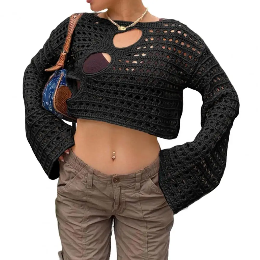 

Chic Knitted Top O-neck Anti Pilling Summer Top Perspective Cut Out Dance Knitting T-shirt Blouse