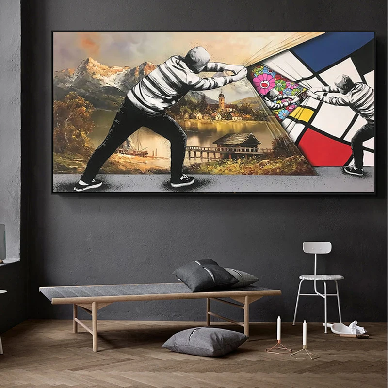 

Abstract Graffiti Art Figure Painting Landscape Wall Art Canvas Boy Behind The Curtain Poster Print Modern Home Decor Picture