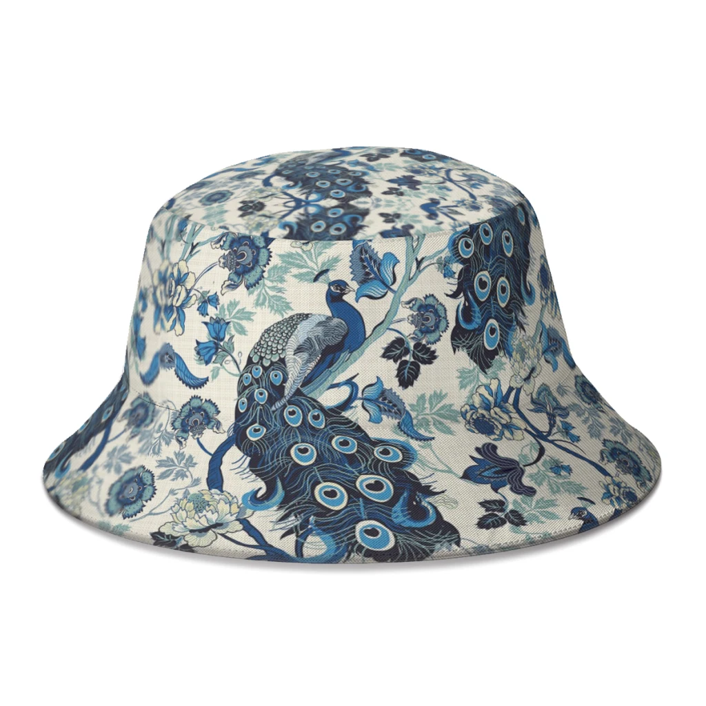 

Summer Unisex Harajuku Bucket Hat Chinoiserie Blue Peacocks Linen Look Women Men Fisherman Hat Autumn Beach Fedoras Cap for Bob