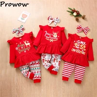 prowow 2023 my first christmas baby girl outfit red elk topsxmas print pants children clothes set happy new year kids costume