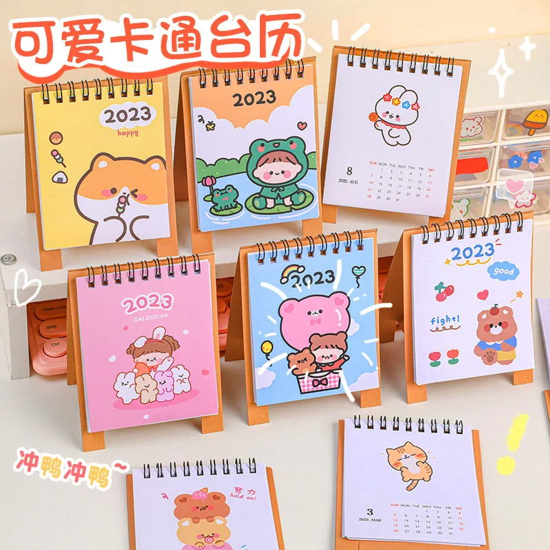 Calendario de dibujos animados Kawaii Bear Rabbit para escritorio, planificador diario Dual, planificador de mesa, organizador de Agenda anual, 2023