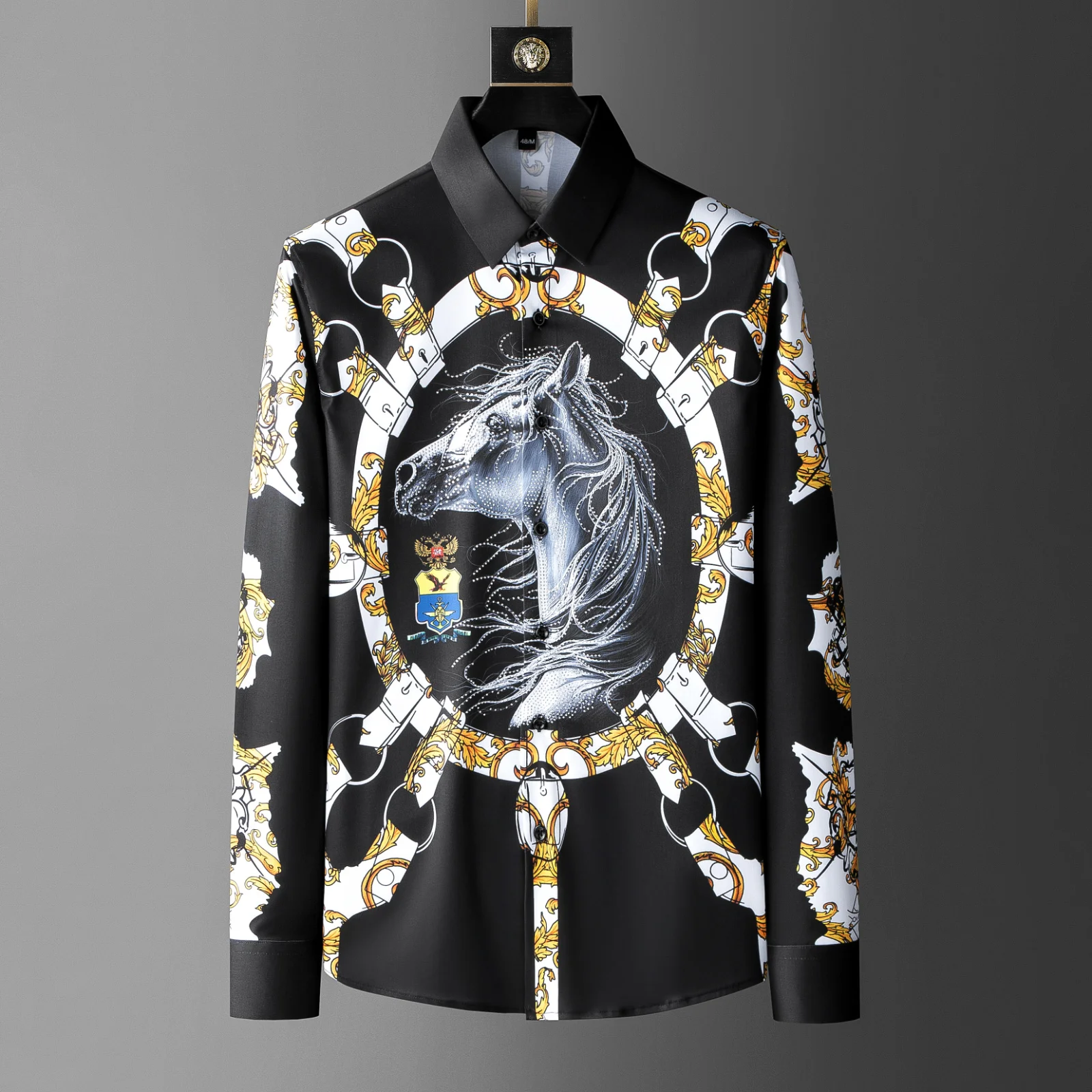 

Luxury Black Gold Rhinestones Shirts 2022 Spring Animal Horse Palace Baroque Dress Shirt Men Social Party Camisa Masculina