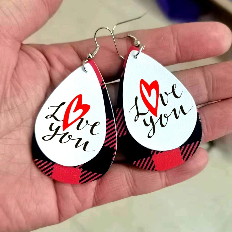 

New Update Red Buffalo Plaid Heart Earrings For Valentine's Day Gift Two Layers Faux Leather Love Earrings