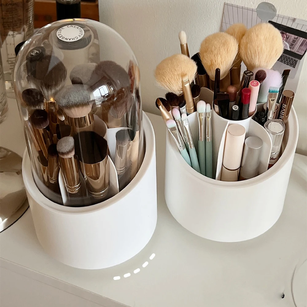 

Desktop Makeup Brush Storage Bucket Cup Holder with Lid Rotating Makeup Lipstick Cosmetic Storage Box Organizer Tube Transparent