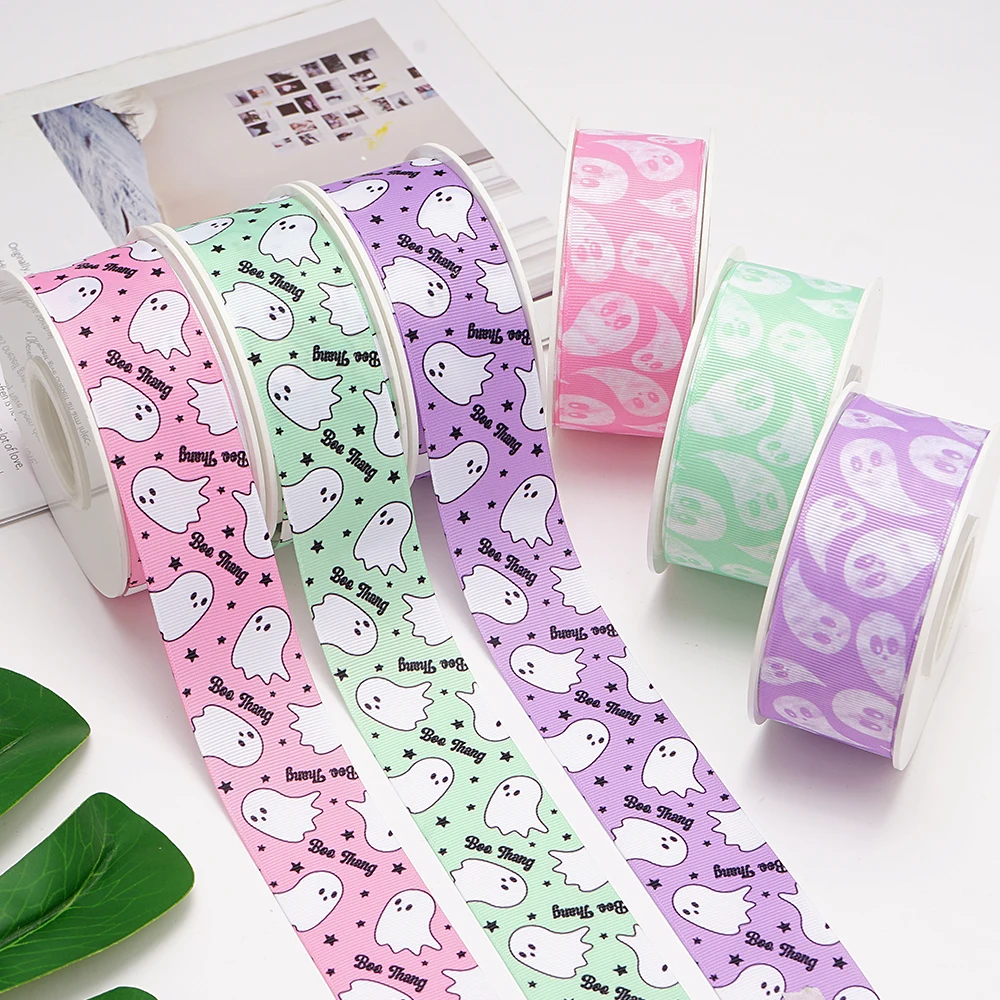 Ленты с изображением Хэллоуина Grosgrain/атласная лента принтом для украшения