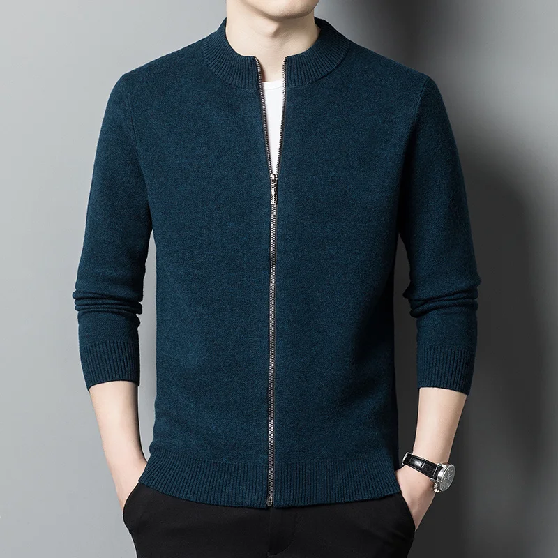 2022 Autumn and Winter New Pure Wool Sweater Long-Sleeved Cardigan round Neck Collar Zipper Sweater Men's Coat