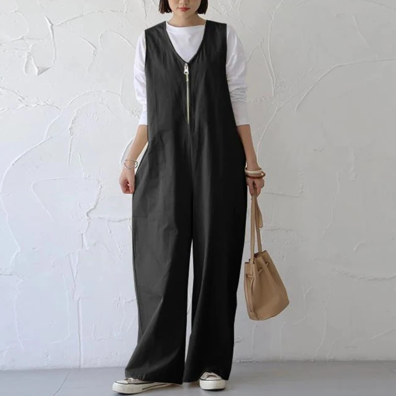 Sleeveless V-neck High Waist Zipper Jumpsuit for Women 2023 New Temperament Commuting Trousers Fashion Niche Straight Leg Pants