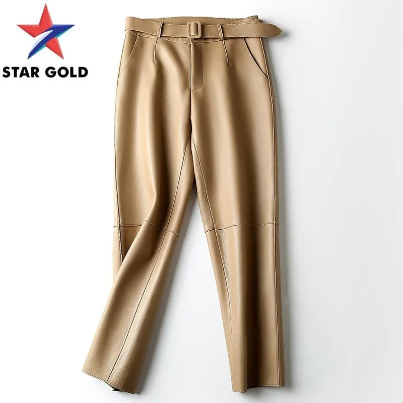 

Genuine OL 100% Leather Women Winter Fashion Sheepskin Ankle-Length Streetwear Black Khaki High Waist Straight Pants