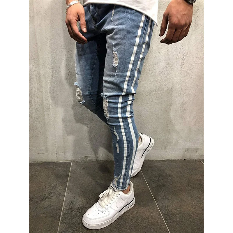 2022 Southeast Asian Men's Elastic Jeans Stripe Printed Jeans Streetwear Men's Blue Dednim Jeans Full Length Pencil Pants