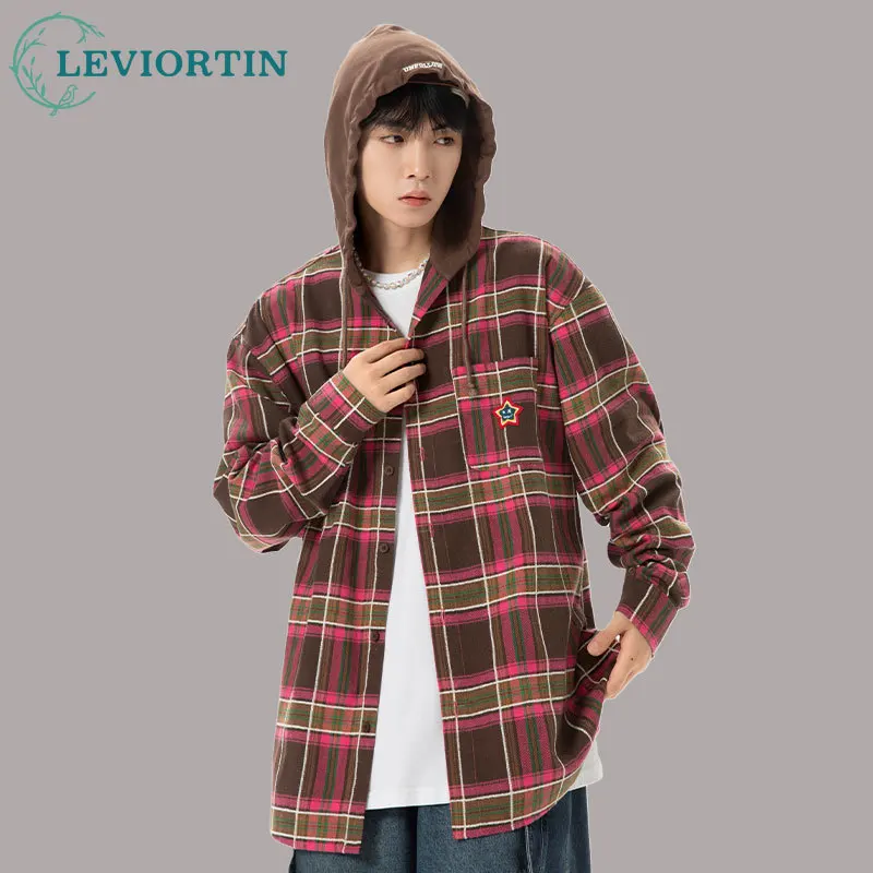 

Мужская универсальная рубашка в стиле хип-хоп, осенняя Повседневная однобортная рубашка в клетку с капюшоном, с одним карманом и длинным рукавом, куртка унисекс, уличная одежда