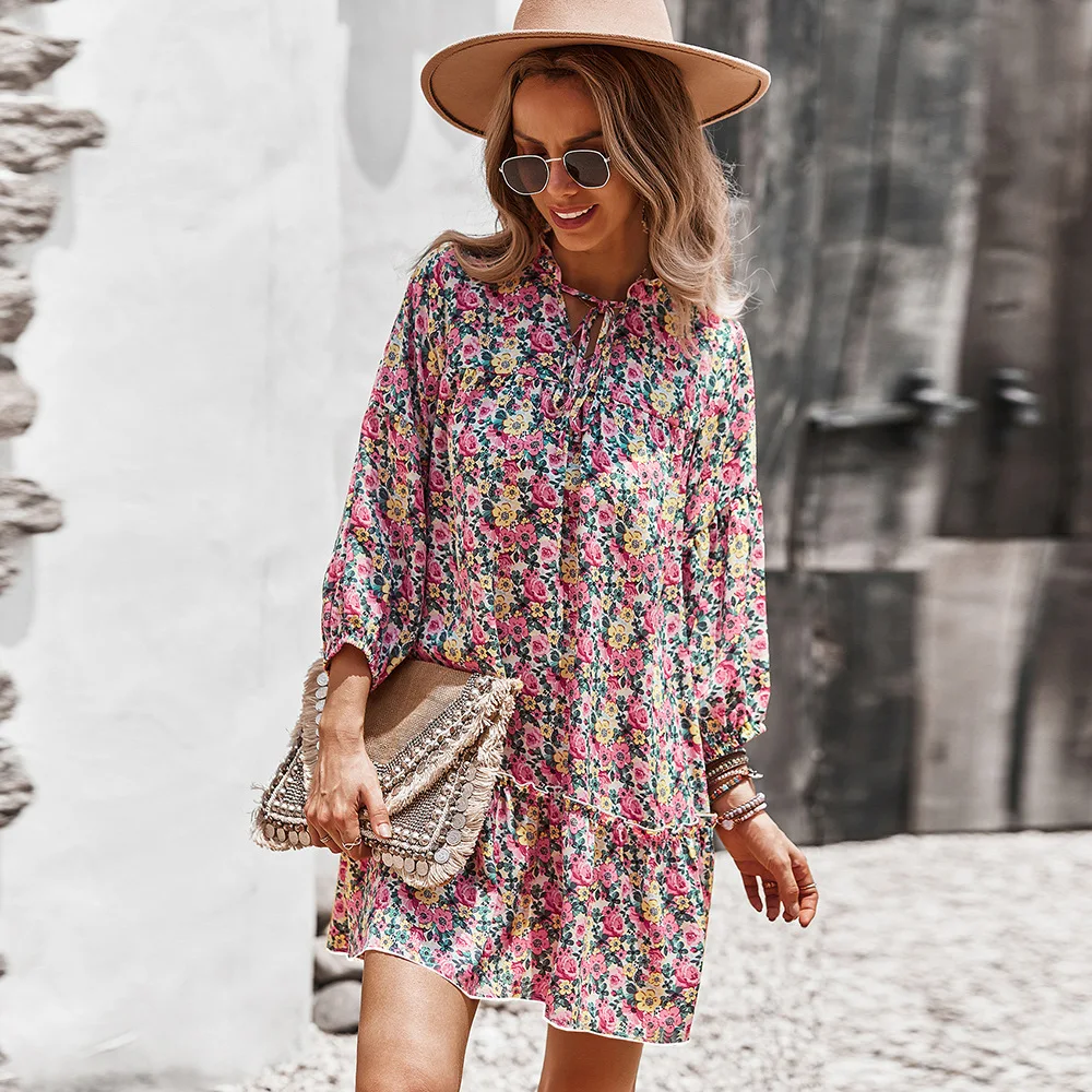 

Mini Dress Casual Loose Floral Dress Summer Floral Dress Long Sleeve 2022 New Lace-up Ruffled Dresses