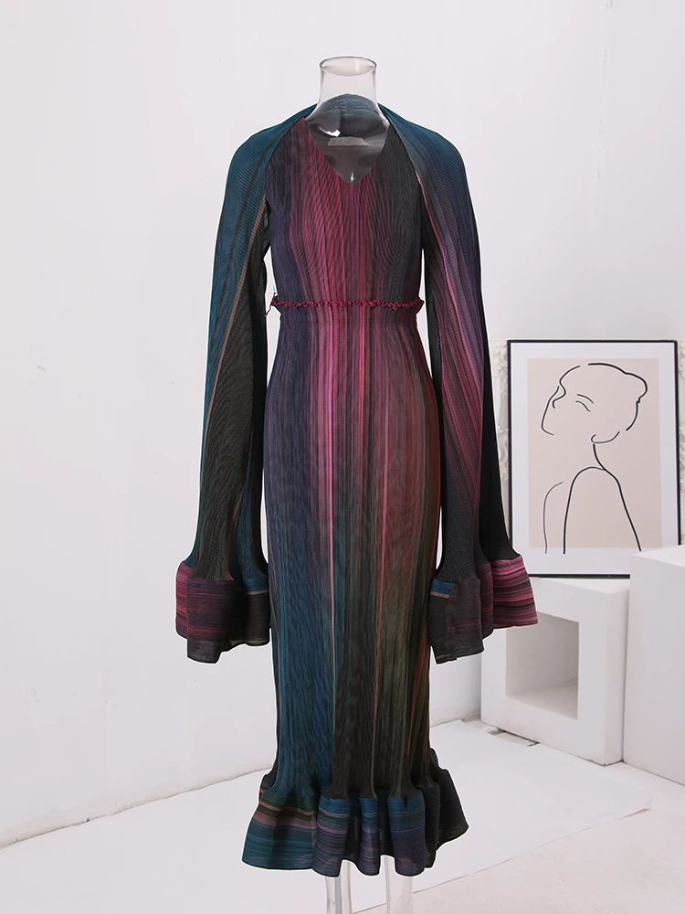 Плиссированное модное платье GVUW с V-образным вырезом и длинным рукавом женское