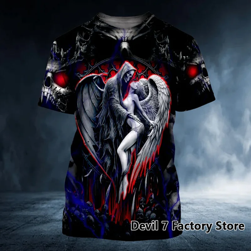 

Summer Oversized T Shirt Men 3D Printed Skull Angel Graphics Tees Fashion Clothes Man Tops Streetwear Round Neck Short Sleeves