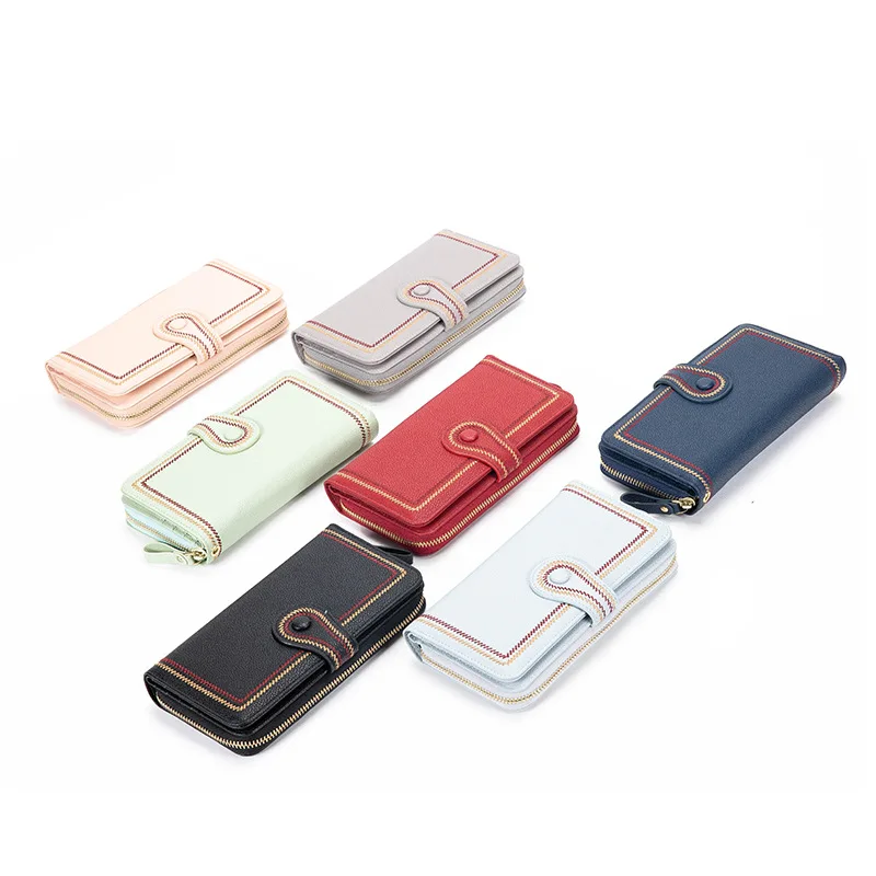 

2023 New Handbag Women's Soft Wallet Fashion Zipper Mobile phone ID Hold bag Key PU Long Coin Simple Sewing Thread Solid color