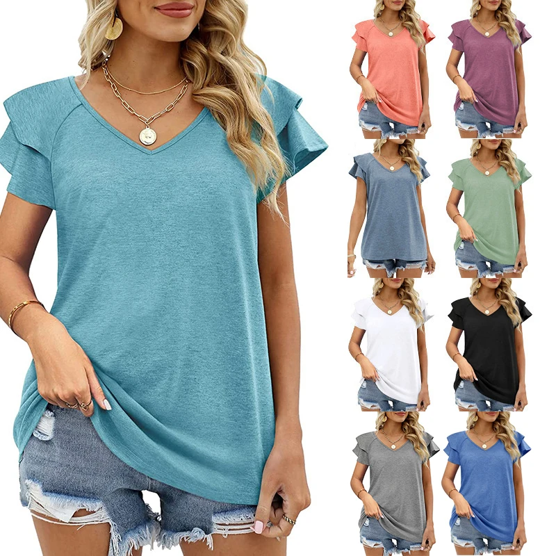 

Women Summer T-shirt Solid V-neck Tops for Woman Clothing Tshirt Streetwear Clothes Casual Short Sleeve T Shirt