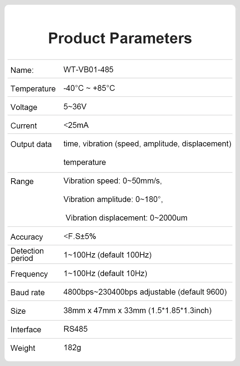 WTVB01-485 IPX8 водонепроницаемый датчик вибрации Modbus RTU 3-осевой (XYZ) виброперемещение +