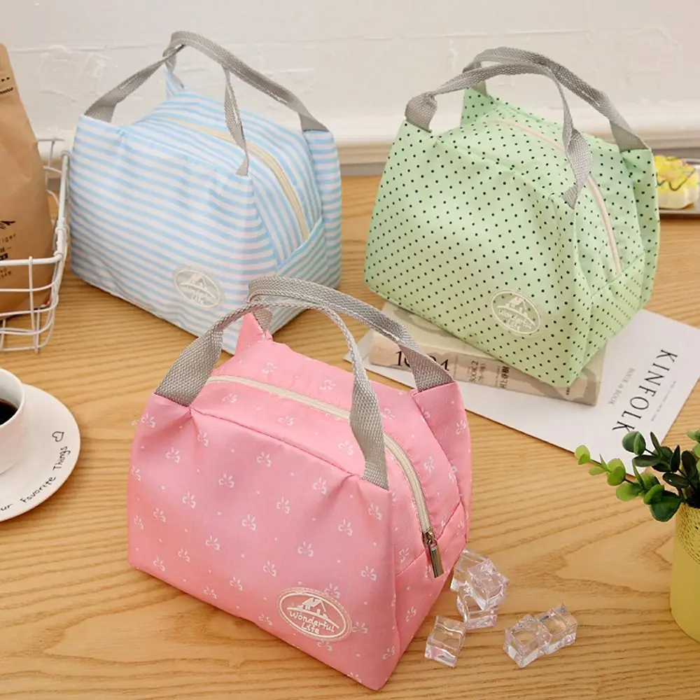 

Cute Portable Dot Cherry Thermal insulation Stripe Oxford Picnic Bag Food Storage Bag Handbag Women Lunch Bag