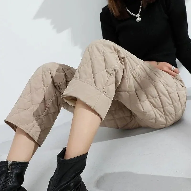 

2022 Winter Pants Women Warm Padded Quilted Solid Trouser Wide Leg Pant Ankle-Length Casual Streetwear Women Elegant Lady Bottom