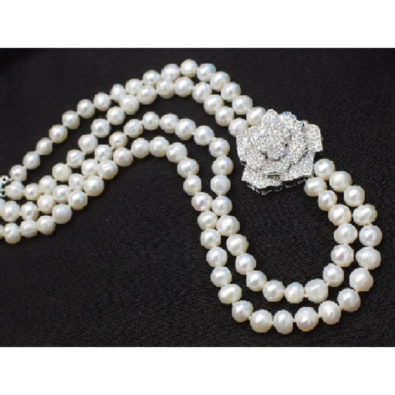 

2rows freshwater pearl white near round 8-9mm and flower pendant necklace 17-18inch FPPJ wholesale beads nature