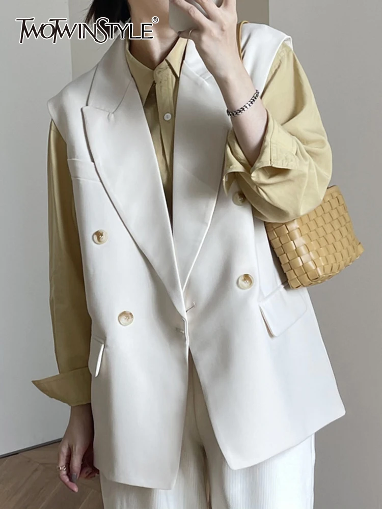 

TWOTWINSTYLE Solid Casual Waistcoats For Women V Neck Sleeveless Patchwork Double Breasted Minimalist Waistcoat Female Fashion