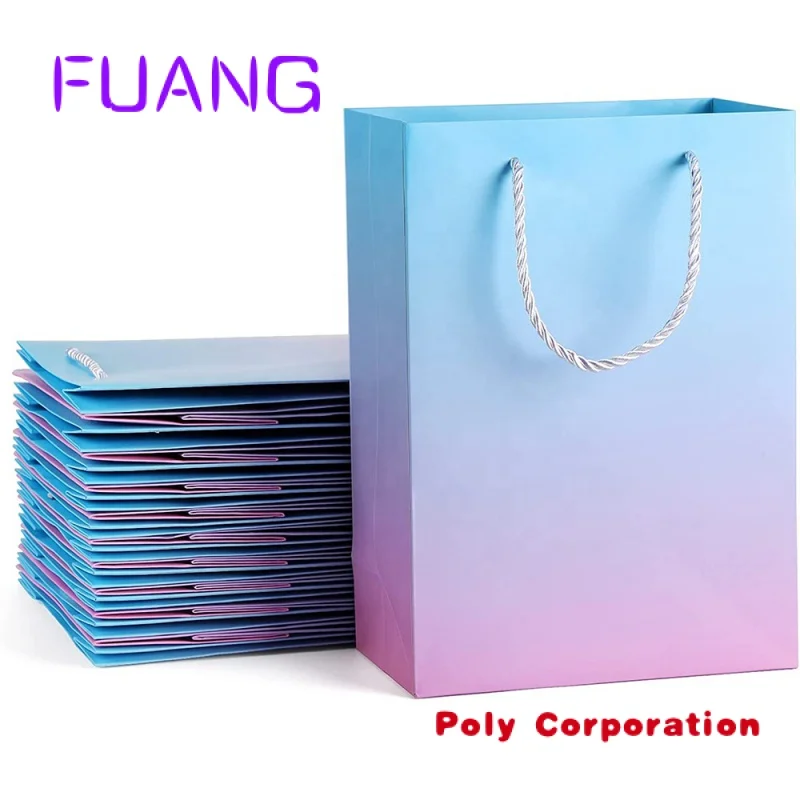 

Custom logo printing Blue Pink gradient color packaging paper gift bags shopping bag cardboard bag