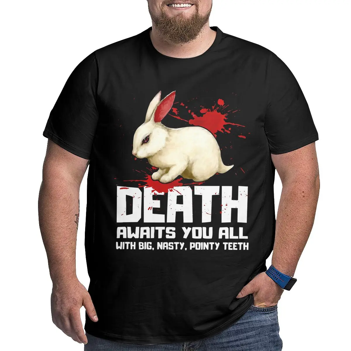 

Смерть ждет вас всех с большими, отвратительными, острыми зубами кролика когтеточного нога, топы, новинка, ужас, большая и высокая футболка, ...