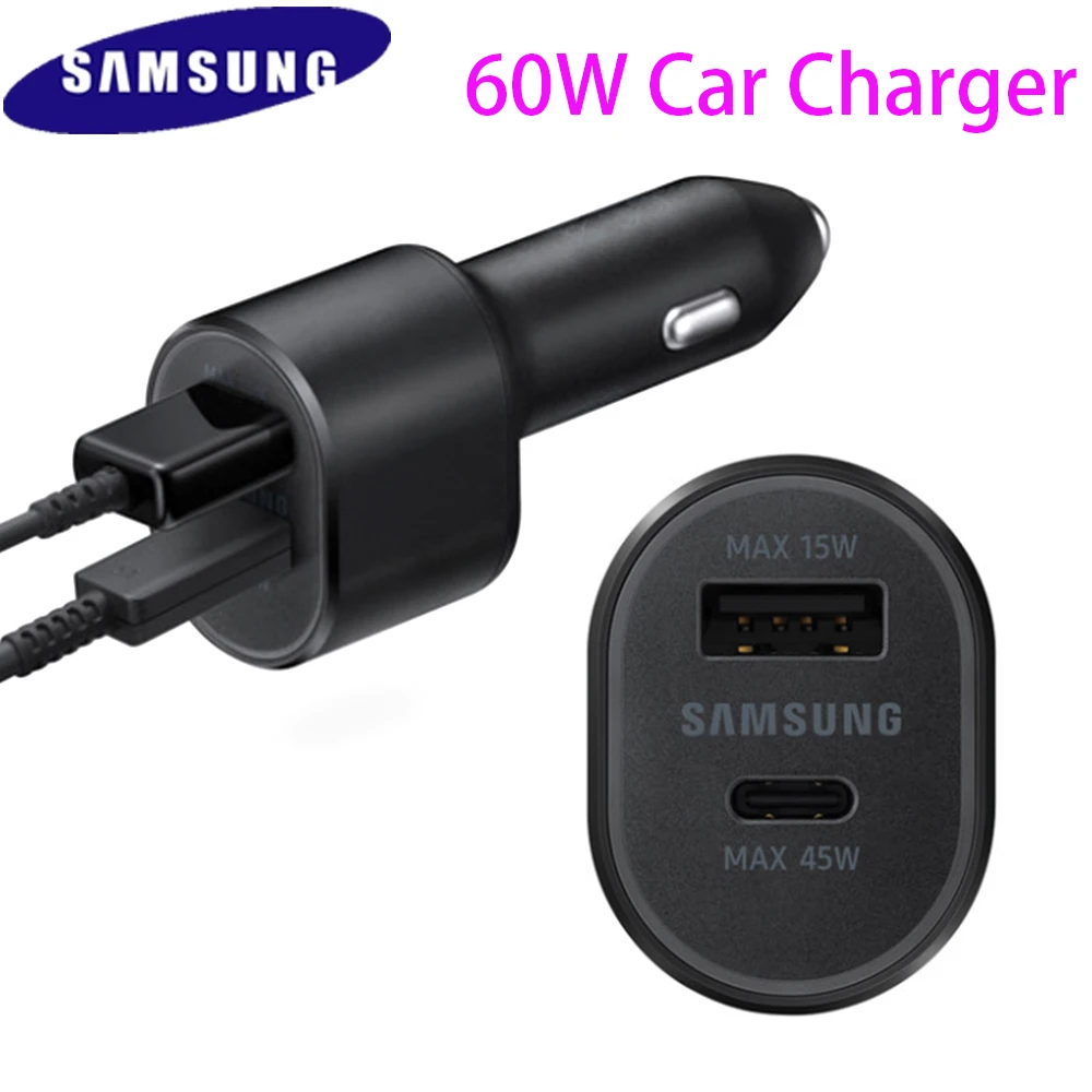 

2 Port Car Charger Original Samsung 45W+15W USB Type C PD Fast Charging 60W Car Charger For Galaxy S22 S21 S20 S10 Note 10 Plus