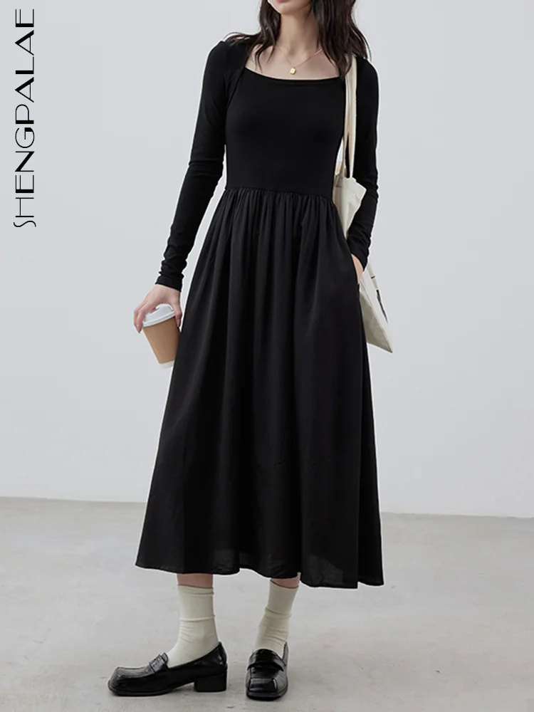 

SHENGPALAE Fashion Square Collar Dress For Women Full Sleeve Patchwork Solid Color A-line Folds Vestido Autumn 2023 New 5R5271