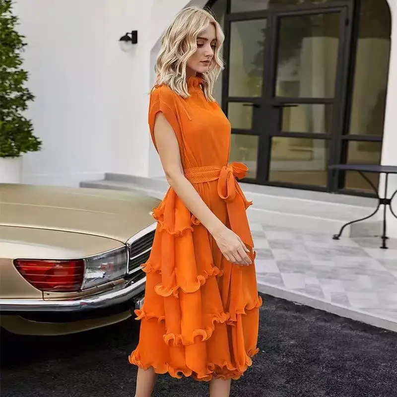 Платье женское кружевное Плиссированное средней длины роскошное свободное