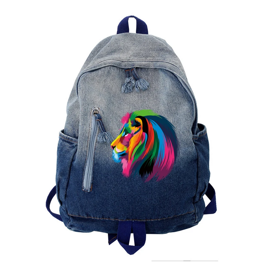 

Funny Lion Pattern Printed Denim Backpack Ladies Women Men Backpacks Travel Bag Hip Hop Harajuku Lovers Backpack Gradient
