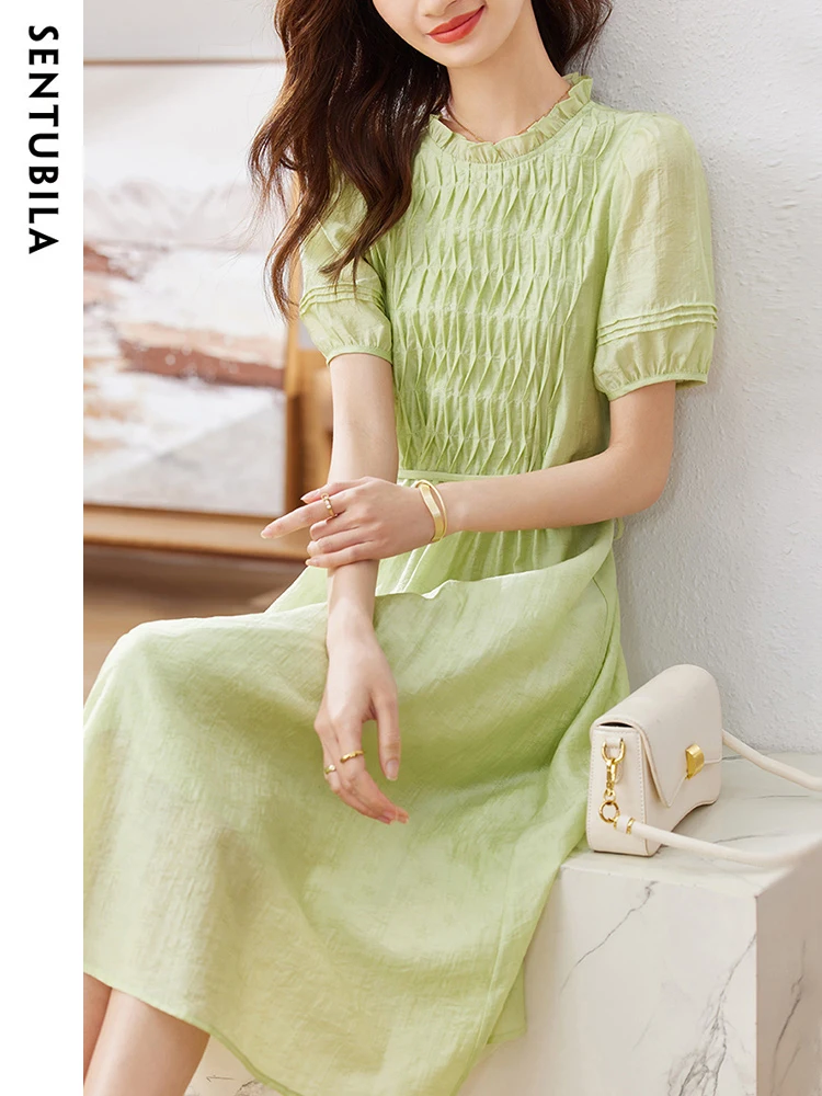 Sentubila Elegant Green Summer Dress for Women 2023 Trendy Lace-Up Ruffled Round Neck Short Lantern Sleeve Midi Female Dresses
