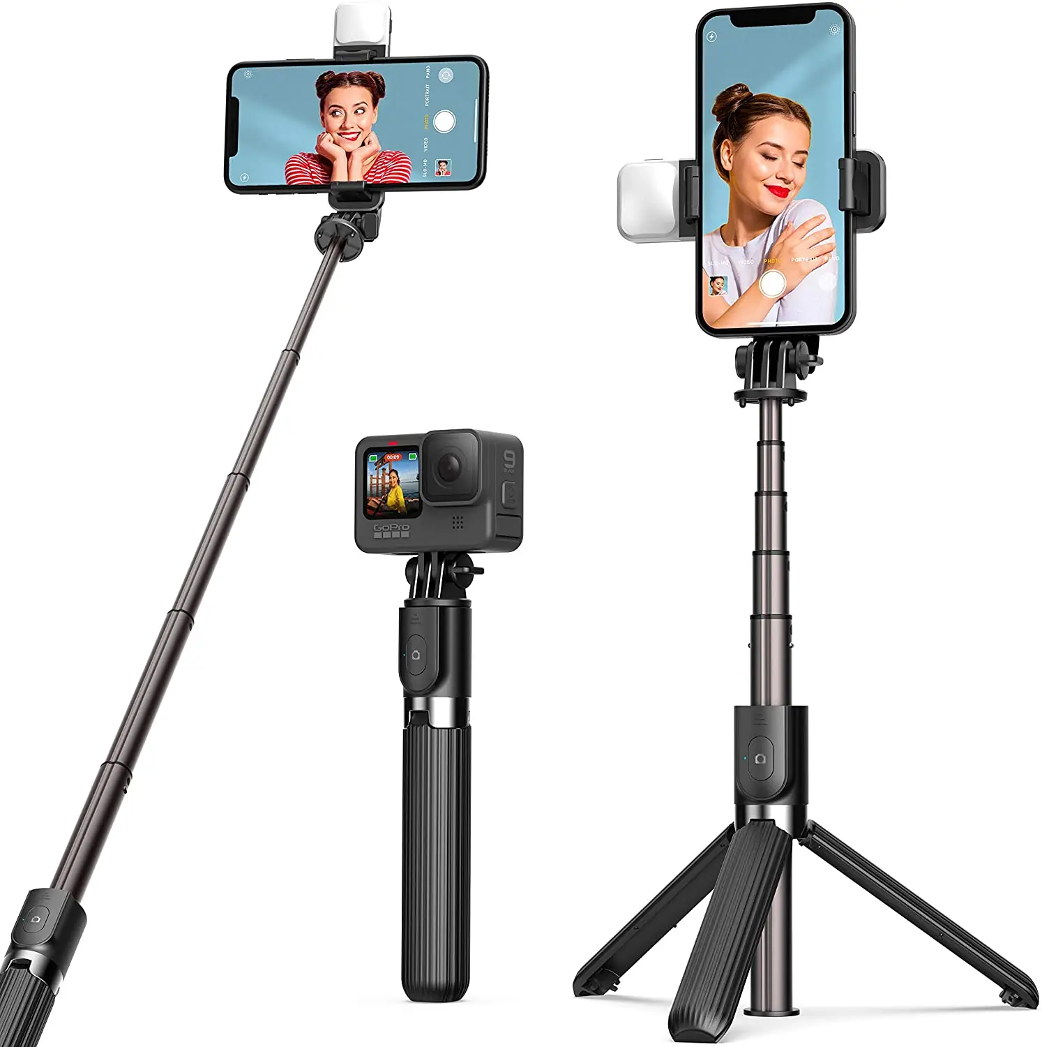 

Self Timer Stick Tripod, Mobile Phone Tripod with Filler Light, Wireless Remote Control and; The Smartphone Rotates 360