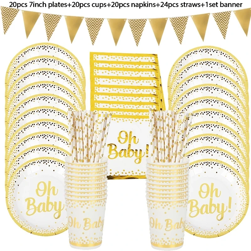 

85pcs Oh Baby Gold Dot Disposable Tableware Set Boy Girl Baby Shower Favors Plates Cups Gender Reveal Kids Birthday Party Decor