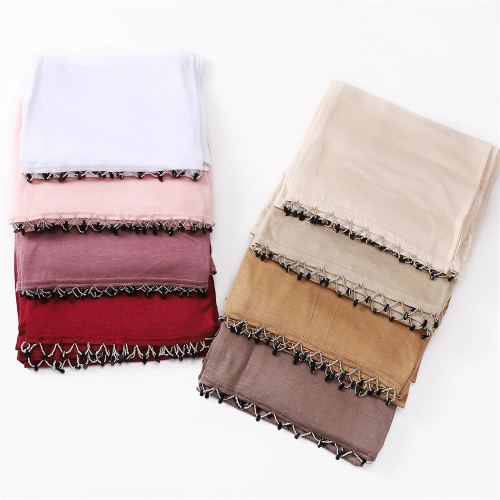 Модный хлопковый трикотажный шарф-хиджаб из модала с бисером ручной работы