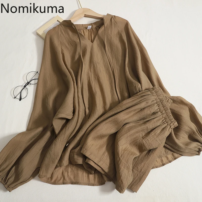 

Nomikuma 2 Piece Sets Womens Outfits Lantern Sleeve Wide Leg Solid Color Simple Conjunto Femenino Elegant Casual Ensemble Femme
