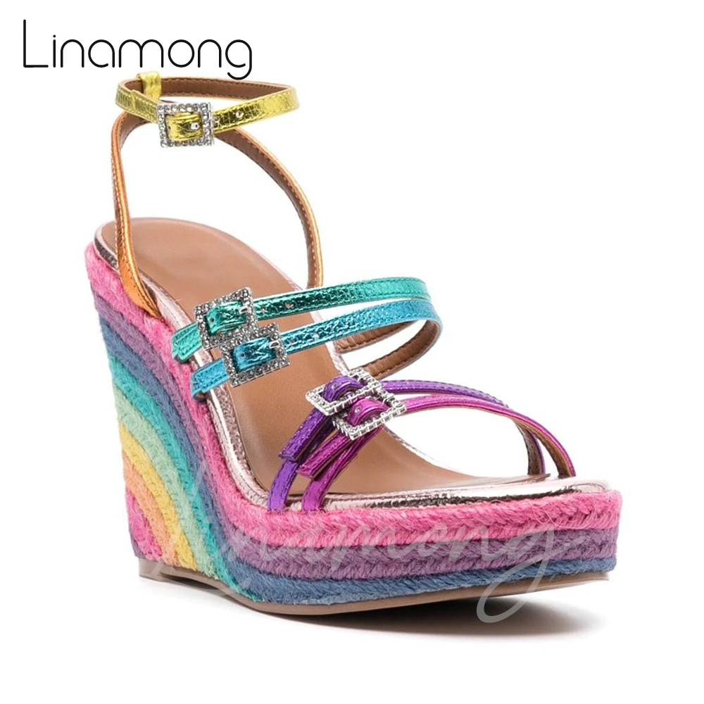 Rainbow Print Espadrille Wedges Genuine Leather Buckle Sandals Mixed Color Rhinestone Bling Bling High Heels Women Summer Shoes