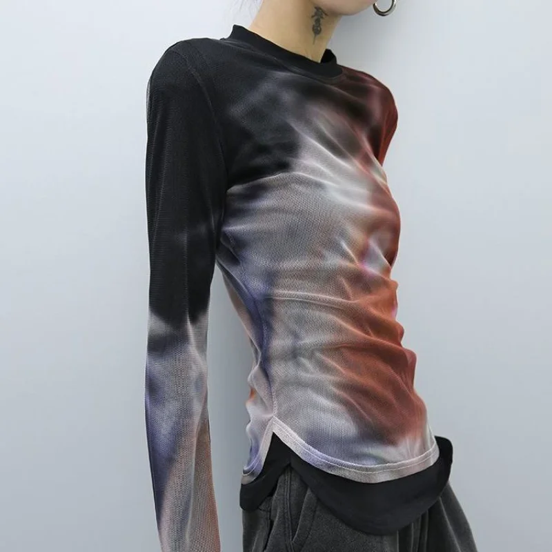 

QWEEK Y2k Grunge Tshirt Streetwear 2000s Harajuku Tie Dye Vintage Print T-shirts Irregular Long Sleeve Mesh Tops Korean Fashion