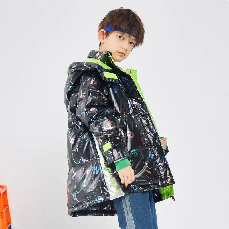 

5-16T Boys Winter Coat Fashion Hooded Warm Padded Jackets Thick Letters Print Bright Color 2022 High Quality Teenagers Parkas