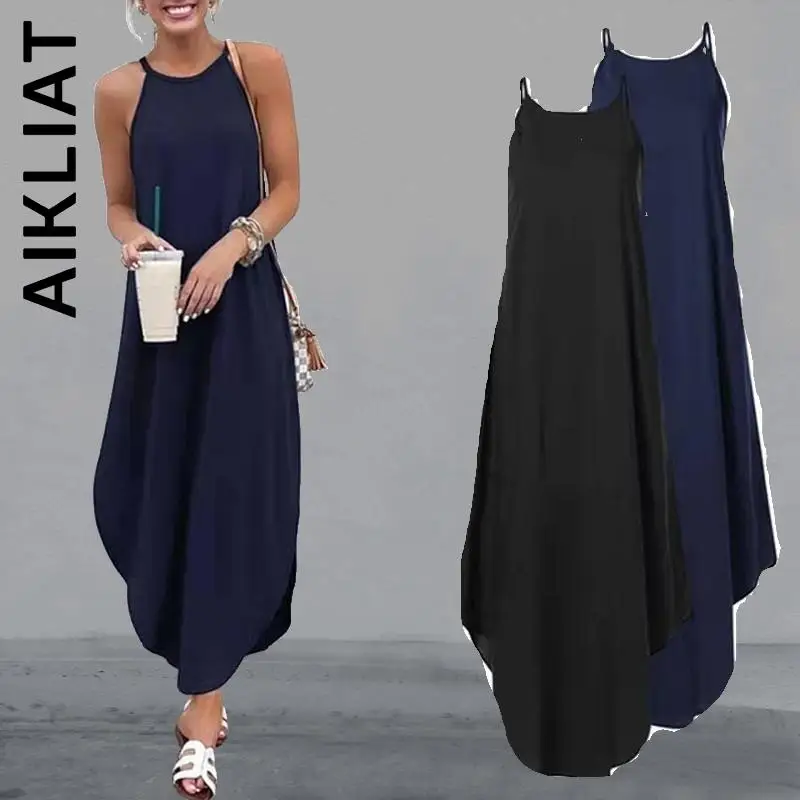 

Платье Aikliat, новинка, женское платье в стиле Харадзюку с круглым вырезом, модное пляжное длинное платье на бретельках, мягкие дешевые женски...