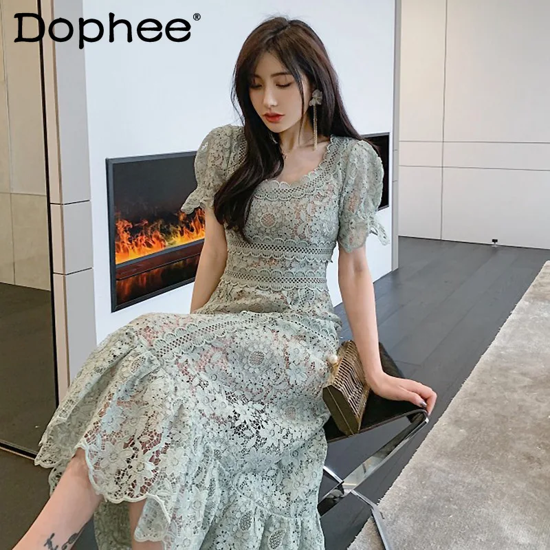 

Elegant Lace Hollow Long Fishtail Dress Women High Waist Slimming Short Sleeve Evening Party Dress 2022 Summer Vestidos Feminino