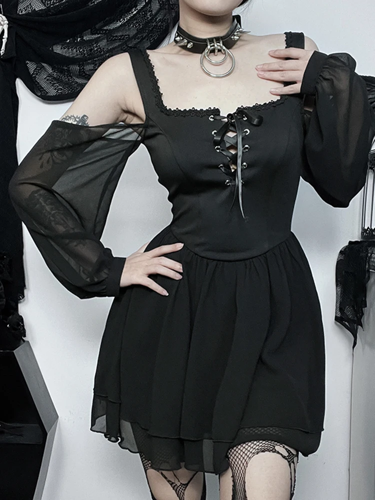 

2023 New Gothic Mall Elegant Sexy Dress Women Vintage Fairy Grunge Off Shoulder Mesh Patchwork High Waist Corset Dress Partywear