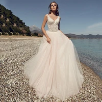 a line v neck beach wedding dresses 2022 sleeveless lace appliques tulle backless bohemian summer bridal gown for women vestidos