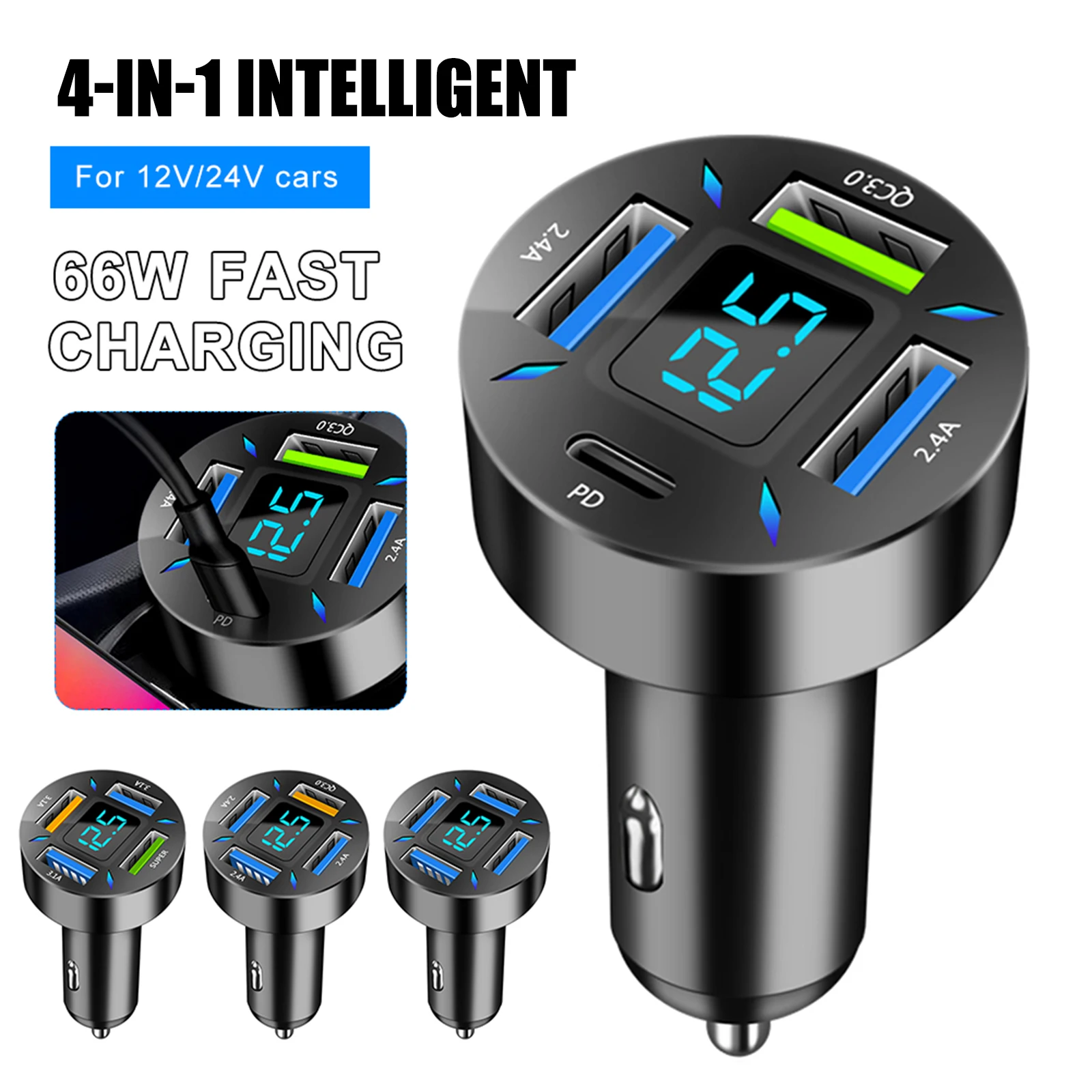 

Автомобильное зарядное устройство с 4 USB-портами и разъемами USB Type-C
