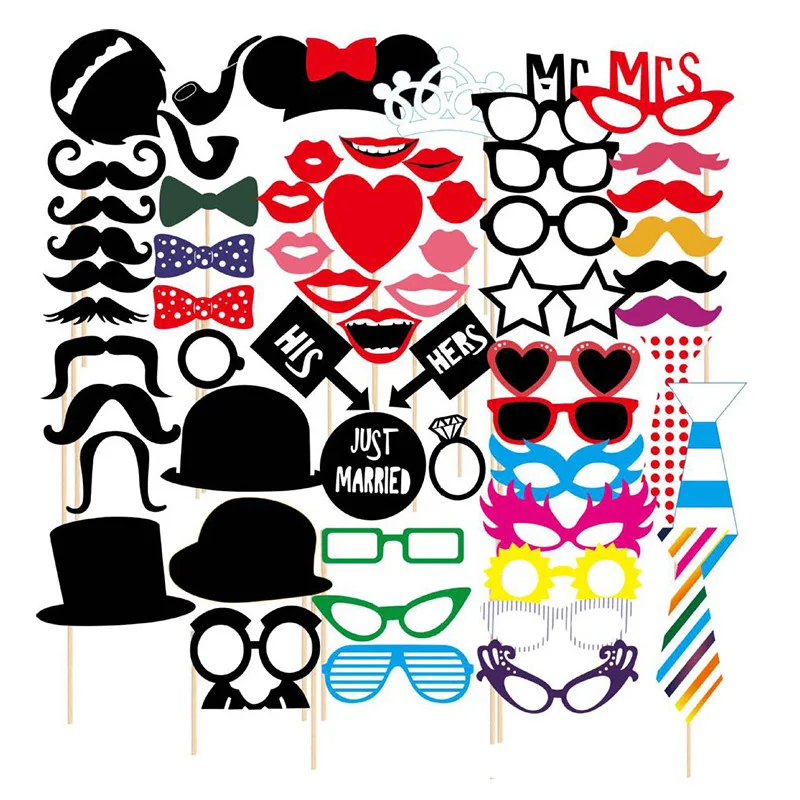 

27-58pcs Wedding Photobooth Bachelorette Party Props DIY Just Married Glasses Mask Photo Shoot Props Team Bride Mr Mrs Props