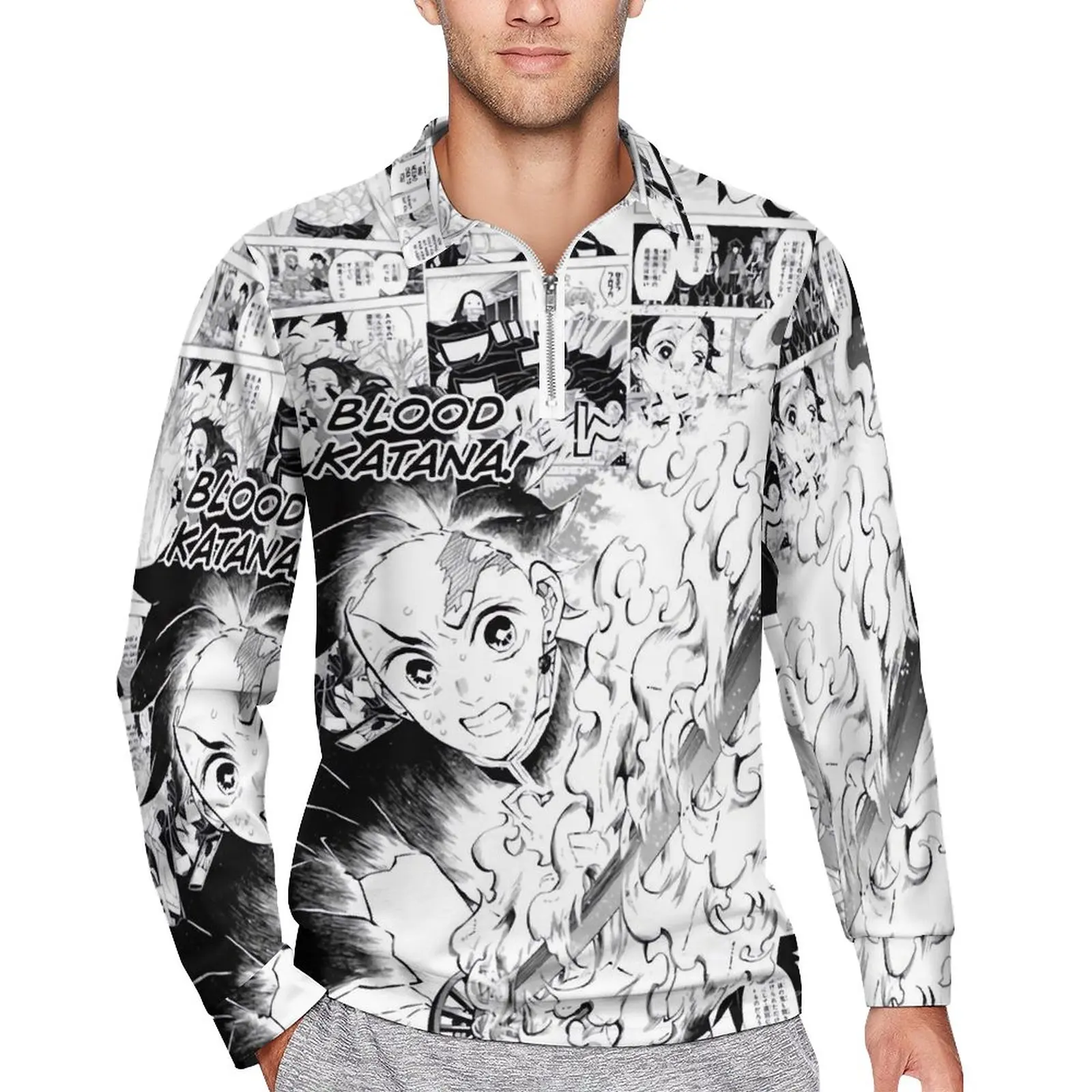 

Demon Slayer Manga Casual T-Shirts Men Kimetsu No Yaiba Long Sleeve Polo Shirts Collar Vintage Autumn Printed Shirt Plus Size