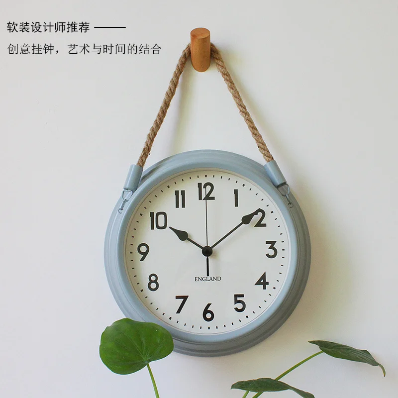 

Wall Modern Clock Metal Vintage Shabby Chic with Rope Creative Silent Bedroom Hanging Watch Relogio De Parede Home Decor