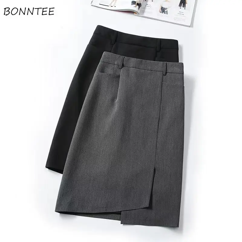 

Skirts Women Midi High Waist Split Irregular OL Solid Temper Fashion Elegant Basic All-match Retro Summer New Arrival Popular BF