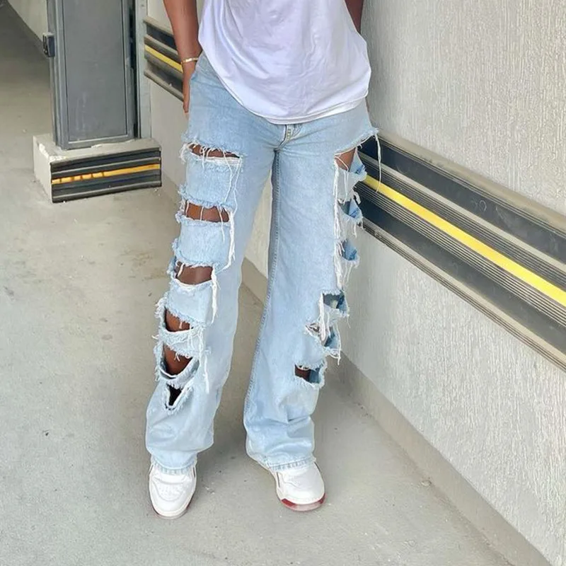 

Женские джинсы в стиле High Street, летние красные джинсы в сетку с разрезами по бокам и необработанными краями, женские прямые брюки, брюки